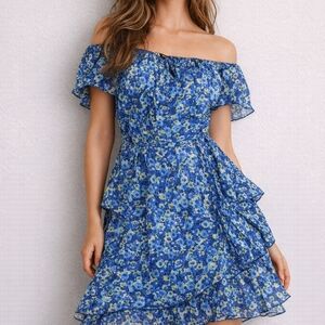 Zara Blue Floral Off Shoulder Romper Ruffle Mini Built In Shorts Size Small